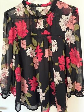 Faith and Joy Black Sheer Blouse with Pink and Cream Floral Print